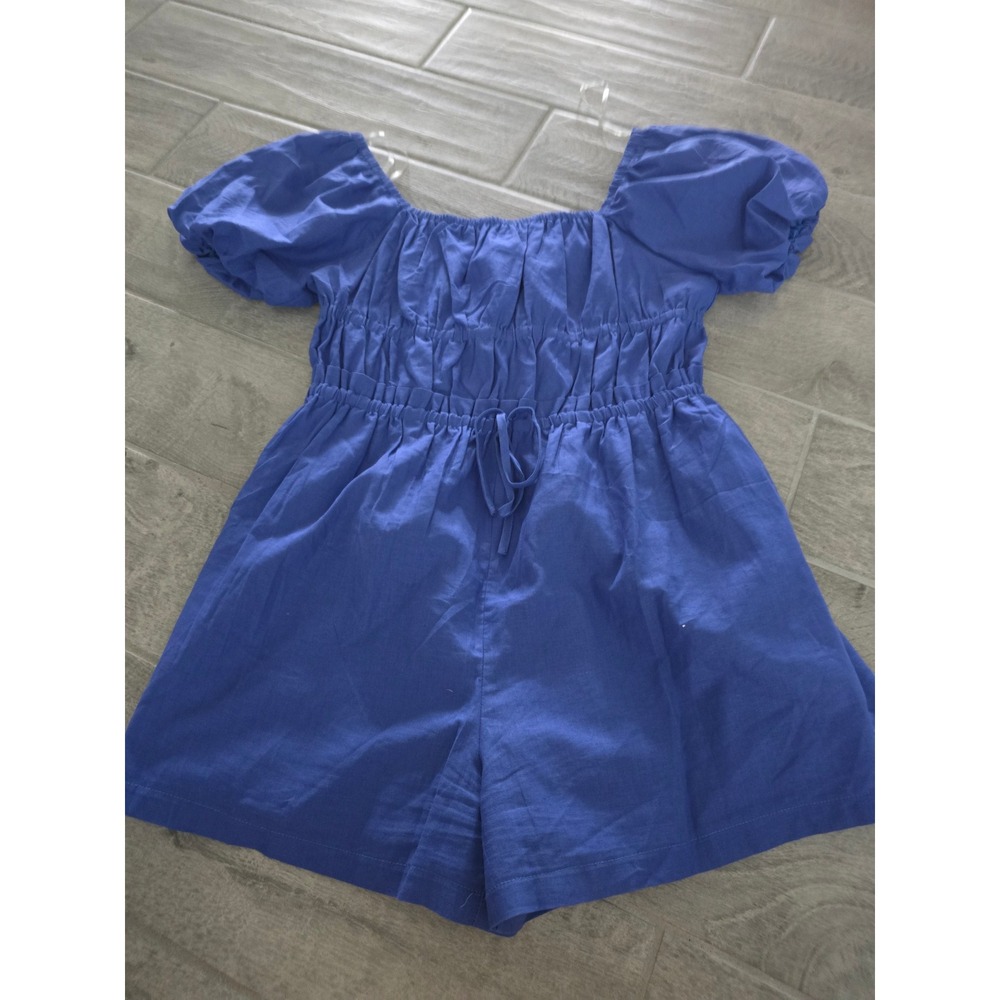 &merci Blue Puff Sleeve Smocked Waist Romper Women Large Pockets Boho Summer